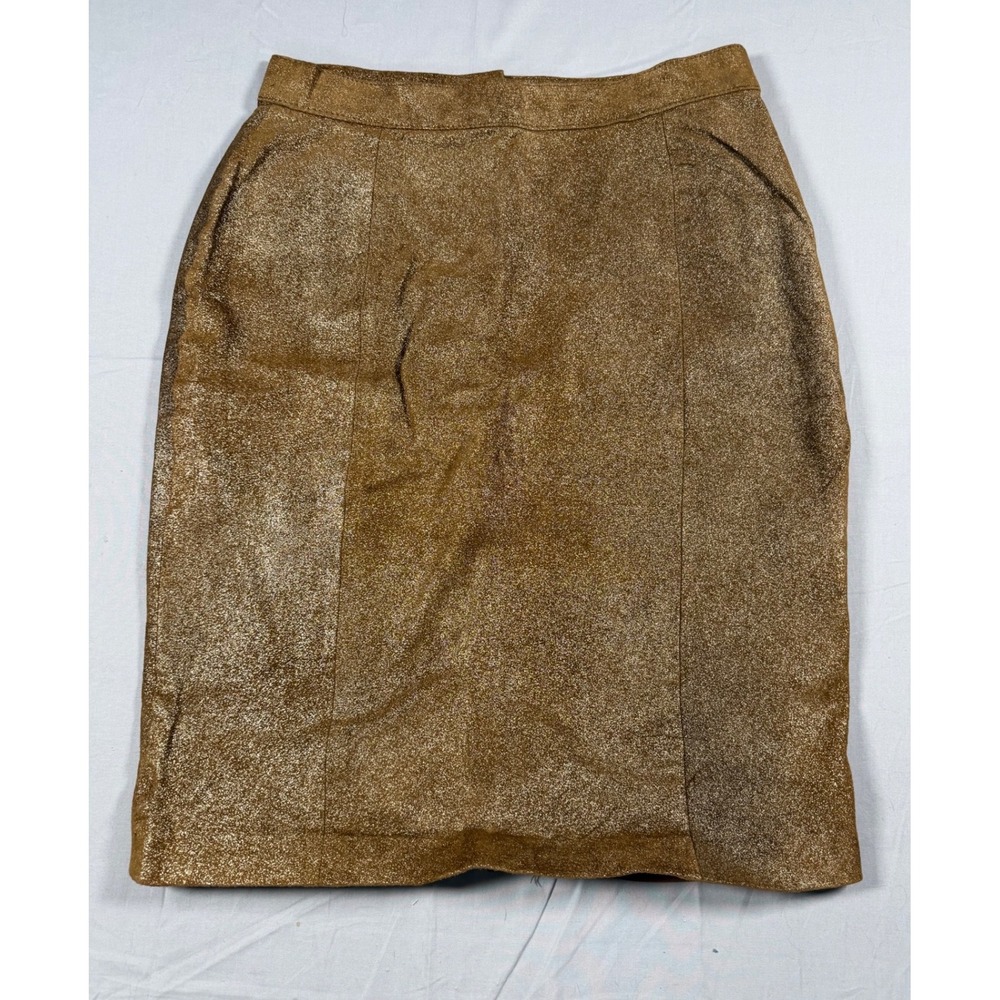 Jacqueline Ferrar Vintage Metallic Gold Leather Pencil Skirt Brown Tan Size 14